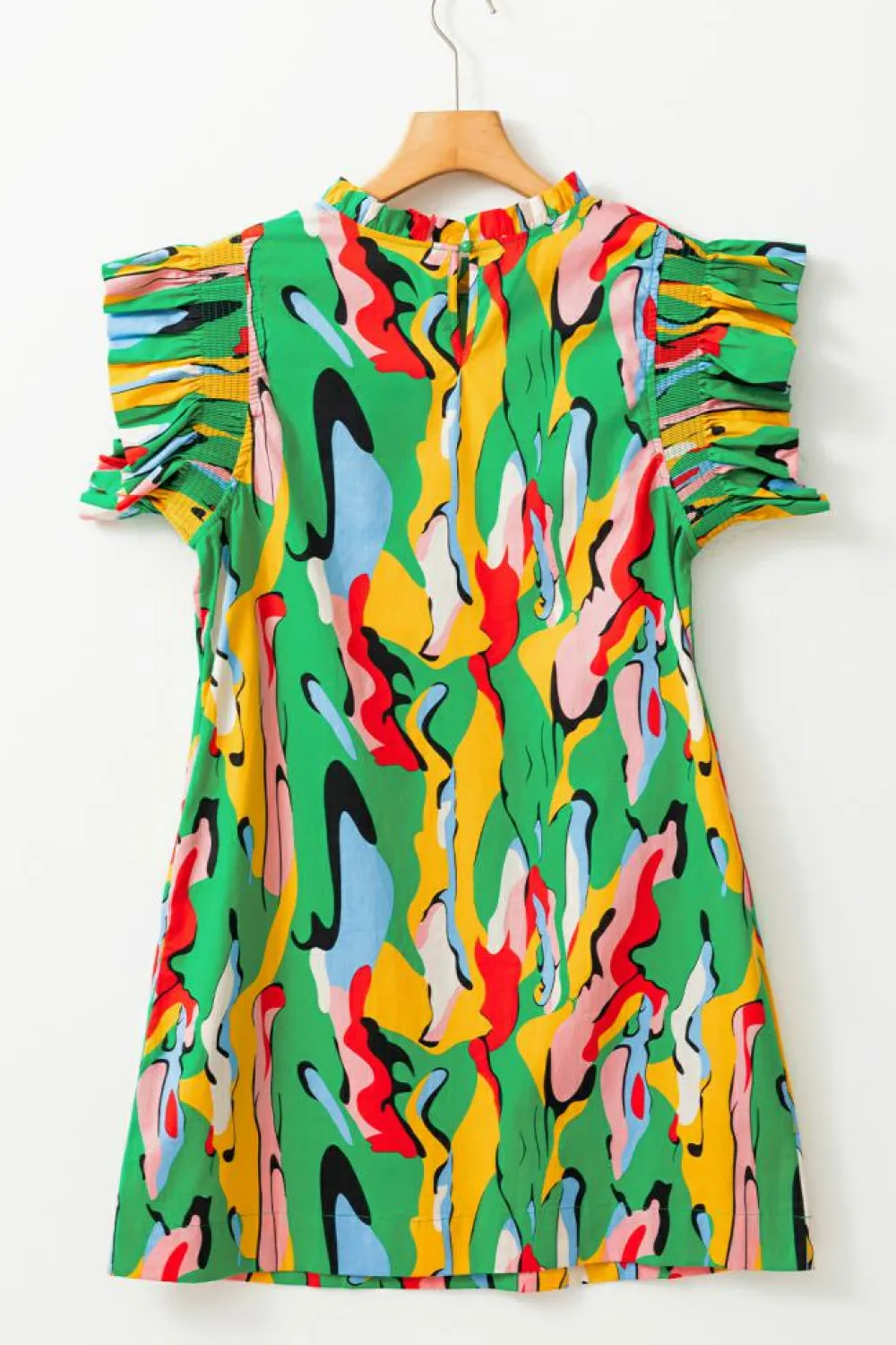 Discount Dear-Lover Abstract Print Frilled Neck Ruffled Sleeve Mini Dress Green