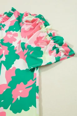 Online Dear-Lover Abstract Print Frilly Neck Ruched Short Sleeve Blouse Green