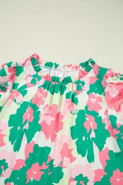Online Dear-Lover Abstract Print Frilly Neck Ruched Short Sleeve Blouse Green