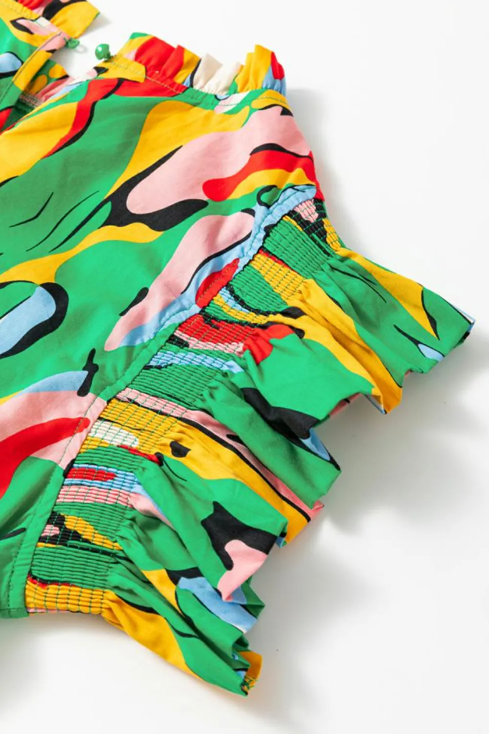 Discount Dear-Lover Abstract Print Frilled Neck Ruffled Sleeve Mini Dress Green