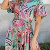 Discount Dear-Lover Abstract Print Lace-up High Waist Buttoned Mini Dress Green