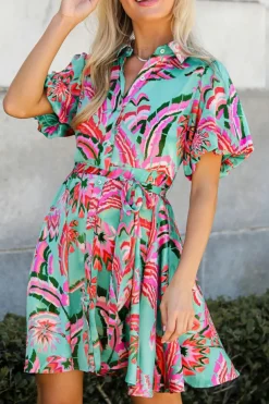 Discount Dear-Lover Abstract Print Lace-up High Waist Buttoned Mini Dress Green