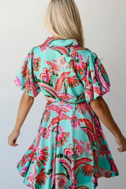 Discount Dear-Lover Abstract Print Lace-up High Waist Buttoned Mini Dress Green