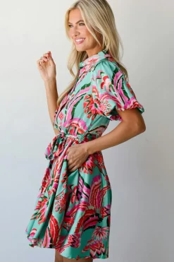 Discount Dear-Lover Abstract Print Lace-up High Waist Buttoned Mini Dress Green