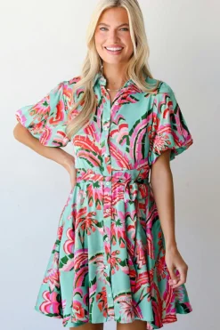 Discount Dear-Lover Abstract Print Lace-up High Waist Buttoned Mini Dress Green