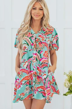 Discount Dear-Lover Abstract Print Lace-up High Waist Buttoned Mini Dress Green