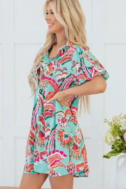 Discount Dear-Lover Abstract Print Lace-up High Waist Buttoned Mini Dress Green