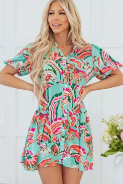 Discount Dear-Lover Abstract Print Lace-up High Waist Buttoned Mini Dress Green