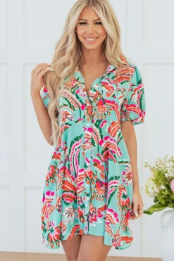 Discount Dear-Lover Abstract Print Lace-up High Waist Buttoned Mini Dress Green