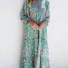 Best Dear-Lover Abstract Print Puff Sleeve Tied Notched Neck Long Dress Green