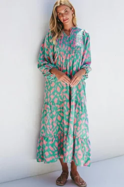 Best Dear-Lover Abstract Print Puff Sleeve Tied Notched Neck Long Dress Green