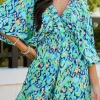 Online Dear-Lover Abstract Print Puff Sleeve V Neck High Waist Romper Green