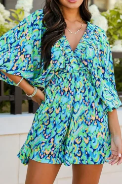 Online Dear-Lover Abstract Print Puff Sleeve V Neck High Waist Romper Green