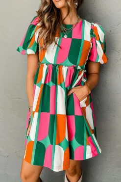Hot Dear-Lover Abstract Print Puff Sleeve Short Dress Green