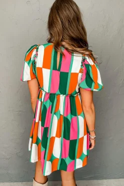 Hot Dear-Lover Abstract Print Puff Sleeve Short Dress Green