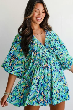 Online Dear-Lover Abstract Print Puff Sleeve V Neck High Waist Romper Green