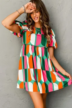 Hot Dear-Lover Abstract Print Puff Sleeve Short Dress Green