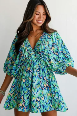 Online Dear-Lover Abstract Print Puff Sleeve V Neck High Waist Romper Green