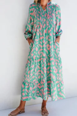 Best Dear-Lover Abstract Print Puff Sleeve Tied Notched Neck Long Dress Green