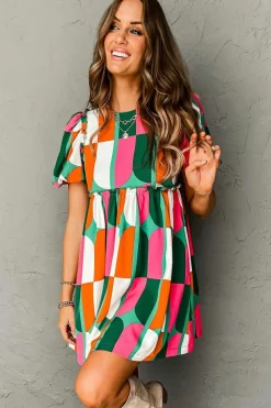 Hot Dear-Lover Abstract Print Puff Sleeve Short Dress Green