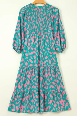 Best Dear-Lover Abstract Print Puff Sleeve Tied Notched Neck Long Dress Green