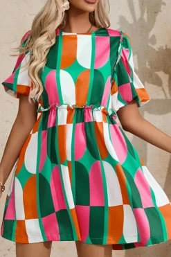 Hot Dear-Lover Abstract Print Puff Sleeve Short Dress Green
