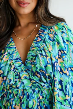 Online Dear-Lover Abstract Print Puff Sleeve V Neck High Waist Romper Green