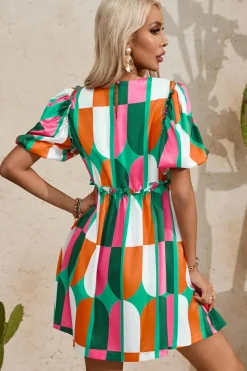 Hot Dear-Lover Abstract Print Puff Sleeve Short Dress Green