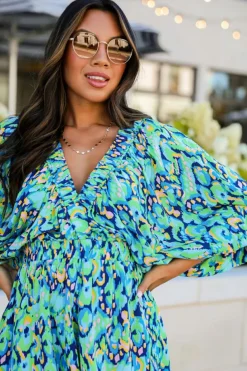 Online Dear-Lover Abstract Print Puff Sleeve V Neck High Waist Romper Green