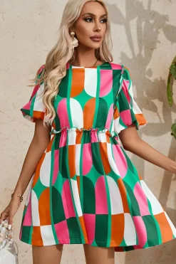 Hot Dear-Lover Abstract Print Puff Sleeve Short Dress Green