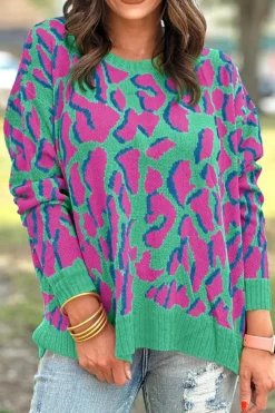 Discount Dear-Lover Abstract Print Ribbed Trim Baggy Sweater Green