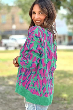 Discount Dear-Lover Abstract Print Ribbed Trim Baggy Sweater Green