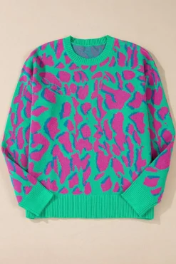 Discount Dear-Lover Abstract Print Ribbed Trim Baggy Sweater Green