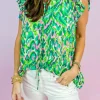 Clearance Dear-Lover Abstract Print Ruffled Trim Tied Split Neck Tank Top Green