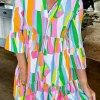 Fashion Dear-Lover Abstract Print Ruffled Sleeve V Neck Dress Green