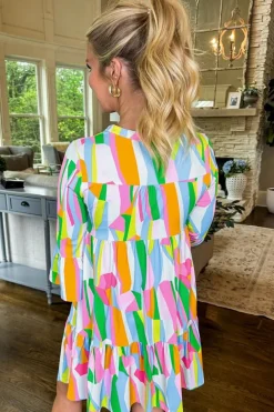 Fashion Dear-Lover Abstract Print Ruffled Sleeve V Neck Dress Green