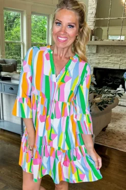 Fashion Dear-Lover Abstract Print Ruffled Sleeve V Neck Dress Green