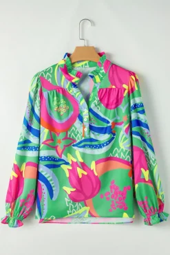 Best Dear-Lover Abstract Print Ruffled Sleeve Buttoned V Neck Blouse Green