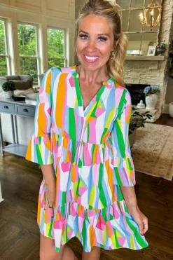 Fashion Dear-Lover Abstract Print Ruffled Sleeve V Neck Dress Green