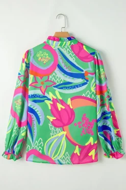 Best Dear-Lover Abstract Print Ruffled Sleeve Buttoned V Neck Blouse Green