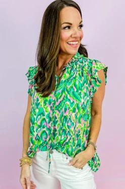 Clearance Dear-Lover Abstract Print Ruffled Trim Tied Split Neck Tank Top Green