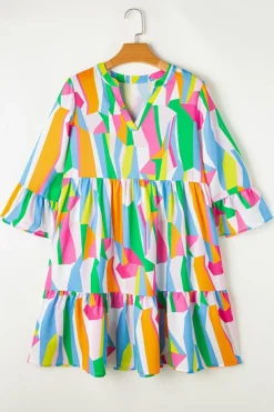 Fashion Dear-Lover Abstract Print Ruffled Sleeve V Neck Dress Green