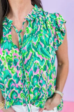 Clearance Dear-Lover Abstract Print Ruffled Trim Tied Split Neck Tank Top Green