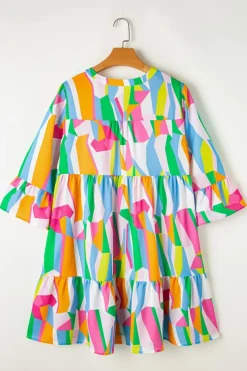 Fashion Dear-Lover Abstract Print Ruffled Sleeve V Neck Dress Green