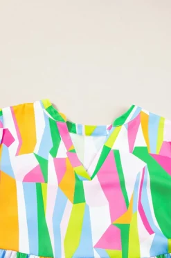 Fashion Dear-Lover Abstract Print Ruffled Sleeve V Neck Dress Green