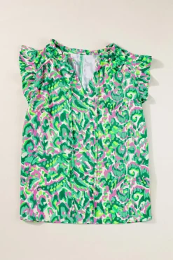 Clearance Dear-Lover Abstract Print Ruffled Trim Tied Split Neck Tank Top Green