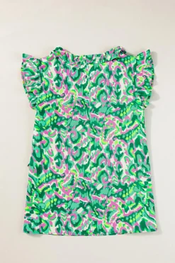Clearance Dear-Lover Abstract Print Ruffled Trim Tied Split Neck Tank Top Green