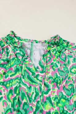 Clearance Dear-Lover Abstract Print Ruffled Trim Tied Split Neck Tank Top Green