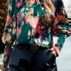 Hot Dear-Lover Abstract Print Smocked Cuffs Frilled Neck Blouse Green