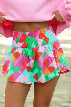 Clearance Dear-Lover Abstract Print Smock Waist Casual Shorts Green